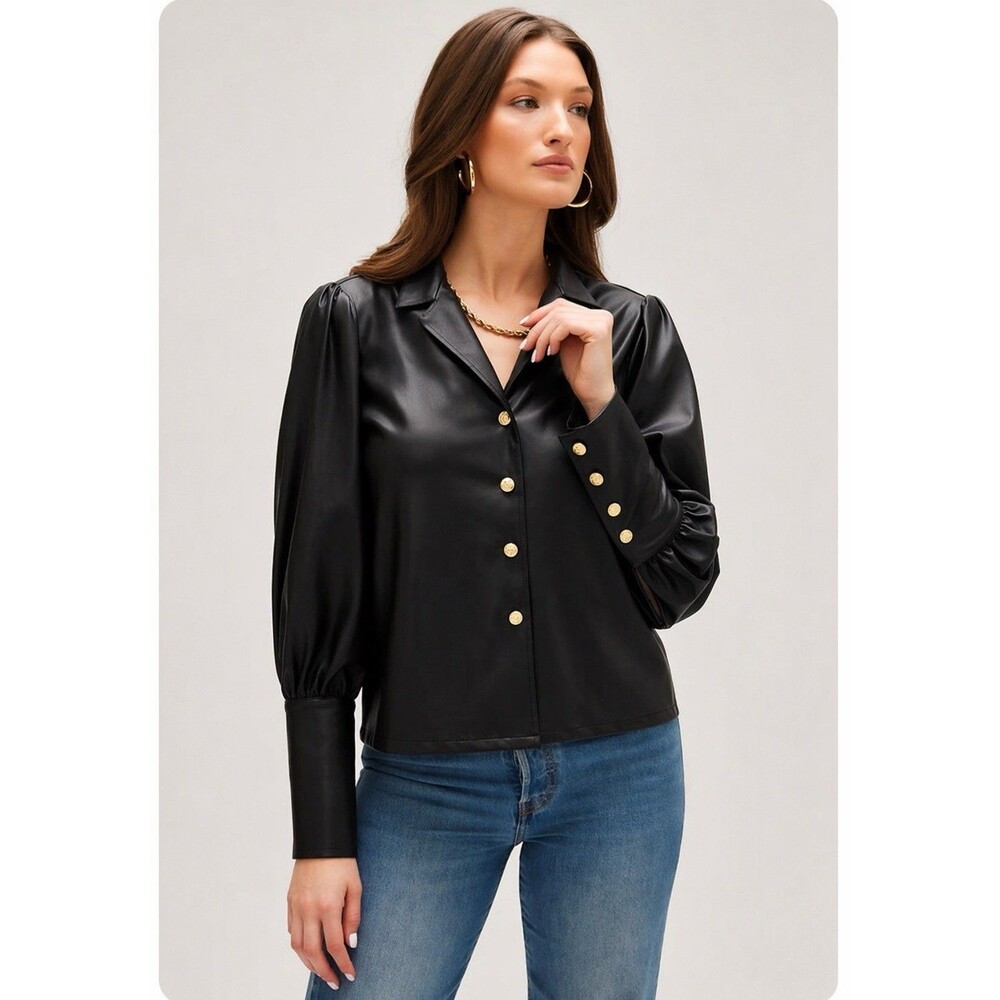 Fifteen Twenty Black Faux Leather Blouse Women Medium Puff Sleeve Gold Button